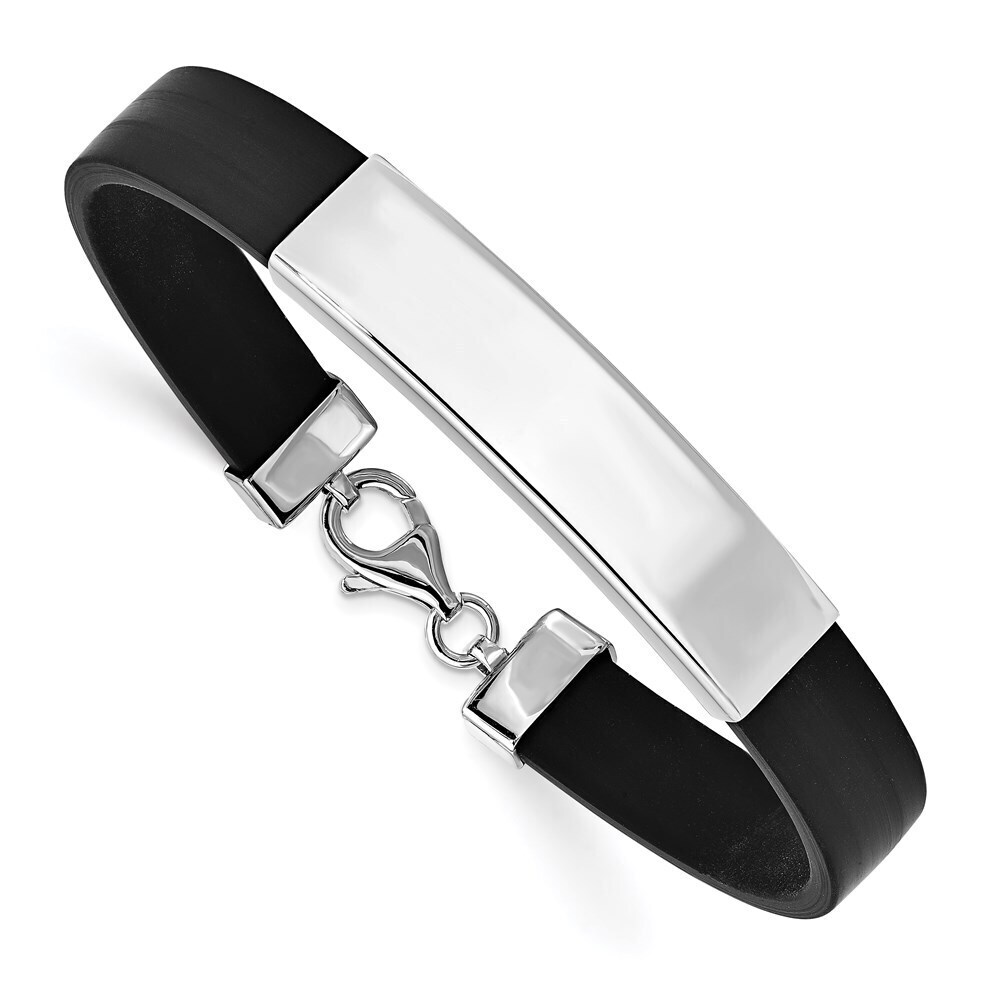 Kazi Luxury Sterling Silver Rhodium-plated ID Black Rubber Bracelet